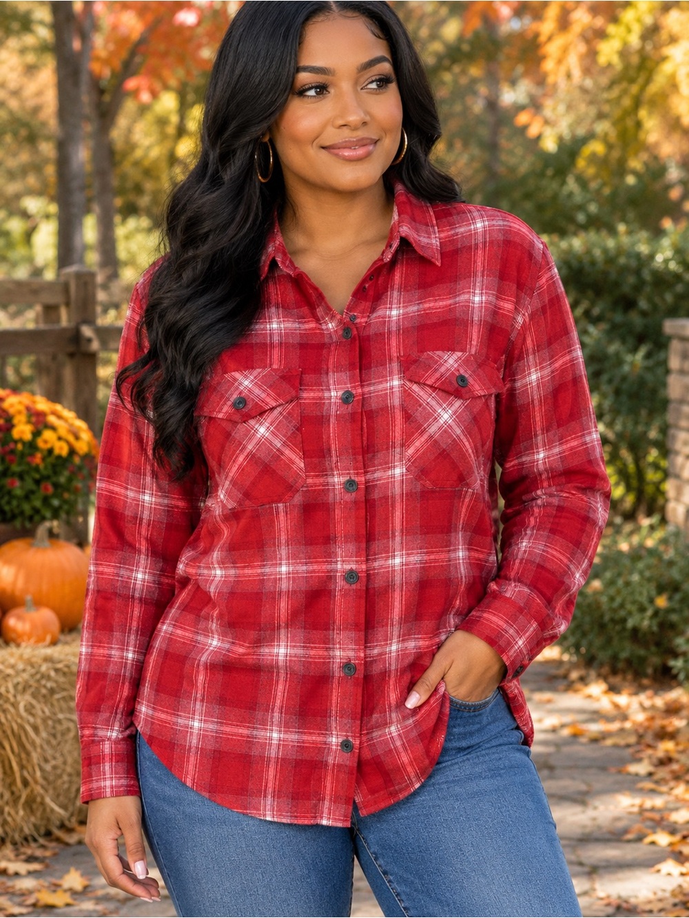 Women’s Wild Fable Women Red Plaid Flannel Shirt Button Up Long Sleeve Shirt